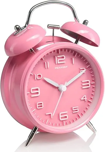 Peakeep 4 Inches Twin Bell Loud Alarm Clock for Heavy Sleepers Kids, Battery Operated Old Fashioned Alarm Clock (Pink)