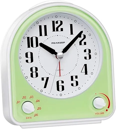 Peakeep Analog Alarm Clock Non-Ticking Silent, Optional 7 Wake-up Sounds with Volume Control, Nightlight and Snooze, AA Battery Operated (Green)