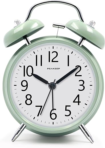 Peakeep Loud Battery Alarm Clock for Heavy Sleepers, Vintage 4 Inch Twin Bell Old School Fashioned Style for Bedrooms (Avocado Green)