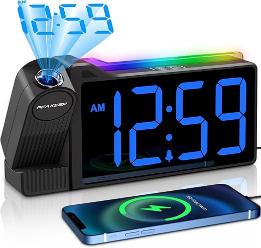 Peakeep Projection Alarm Clock for Bedroom Ceiling, Super Loud for Heavy Sleepers, Dimmable Large Number Digital Clock, Plug in Bedside Electric Clock with USB Port & Colorful Nightlight (Blue)