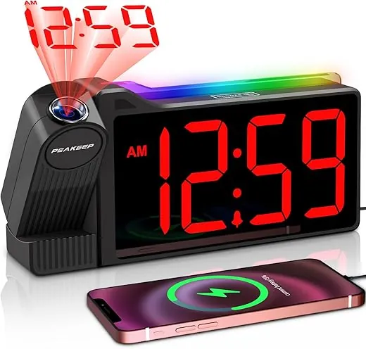 Peakeep Projection Alarm Clock for Bedroom Ceiling, Super Loud for Heavy Sleepers, Dimmable Large Number Digital Clock, Plug in Bedside Electric Clock with USB Port & Colorful Nightlight (Red)