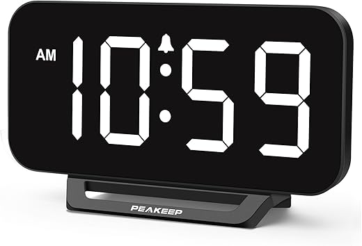 Peakeep Small Digital Alarm Clock for Bedrooms, Loud for Heavy Sleepers Adults, Dimmable Plug in Electric Large Numbers Clock Battery Backup, Slim Clock for Table Office Modern Living Room (BW)