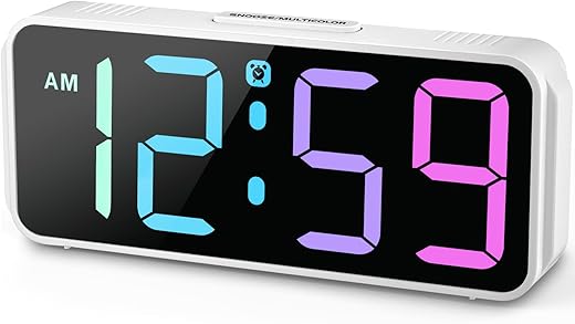 Peakeep Small Digital Alarm Clock Plug in, Tiny RGB Colorful Changing Large Display for Bedrooms Bedside Travel, Dimmable 6 Brightness, Corded Electric Battery Backup (White - RGB)