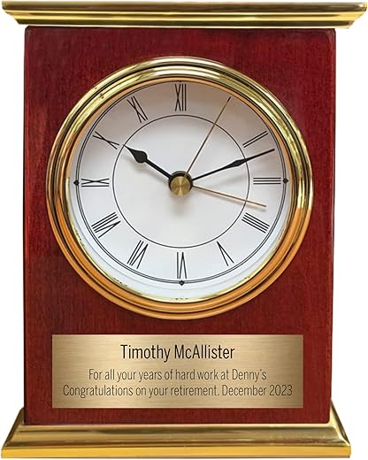 Personalized Clock for Desk or Shelf - Battery Powered with Alarm - Mahogany Finish with Gold Metal Accents - Customized Retirement Gifts, Employee Recognition or Trophy Award - Customize Now!