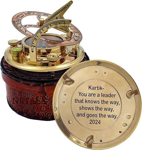 Personalized Engraved Antique Brass & Copper Sundial Compass, Sundial Clock in Leather Box Gift Sun Clock Ship Replica Watch