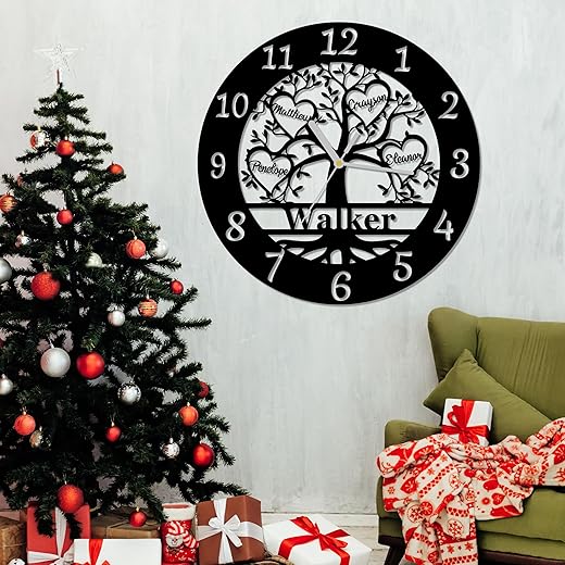 Personalized Tree of Life Wall Clock Unique Home Clock, Metal Family Tree Wall Clocks, Custom 4 Name Metal Clock, Modern Clock Black Wall Clock Housewarming for Family