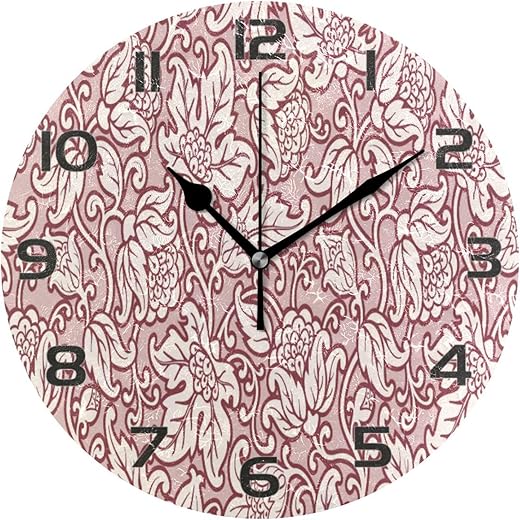 Pink Damask Wall Clock, Silent Non Ticking Battery Operated Creative Decorative Round Clock for Kitchen, Living Room, Bathroom, Home School Office Decor, 10 Inch