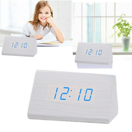 Plertrvy 1*Wooden Alarm Clock, Wooden Alarm Clock White Wood Blue, Wooden Wood Clock New Version Led Alarm Digital Desk Clock Adjustable Brightness Alarm Time Displays Time Date Temperature