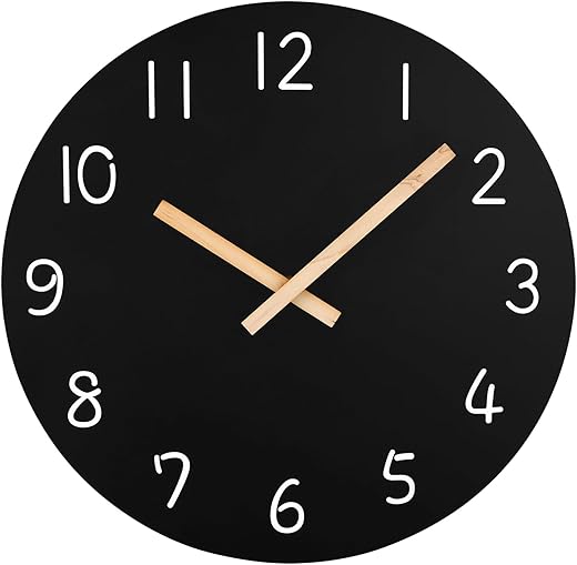 Plumeet 12'' Wooden Wall Clock Frameless Clocks with Silent Quartz Movement - Modern Style Village Wall Clocks Decorative Home Kitchen - Battery Operated (Black)