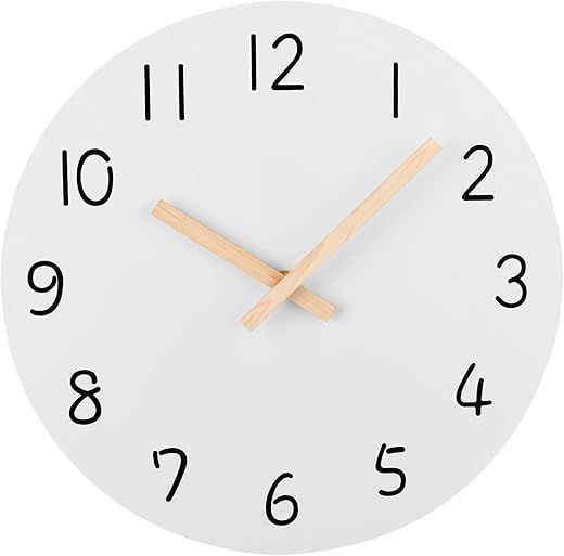 Plumeet 12'' Wooden Wall Clock Frameless Clocks with Silent Quartz Movement - Modern Style Village Wall Clocks Decorative Home Kitchen - Battery Operated (White)