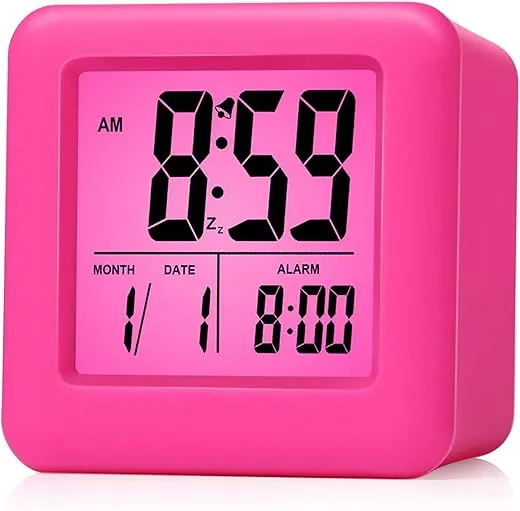 Plumeet Digital Kids Alarm Clock with Snooze and Nightlight - Easy Setting Silicone Clock Display Time, Date - Loud for Bedroom - Battery Powered (Pink)