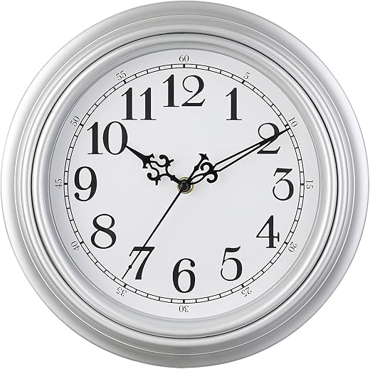 Plumeet Retro Wall Clock, 12'' Non Ticking Classic Silent Vintage Wall Clocks Decorative Kitchen Living Room Bedroom - Battery Operated, Silver