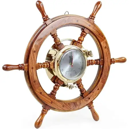 Premium Porthole Clock Ship Wheel with Solid Teak Finish - Captain Maritime Beach Home Decor Gift - Nagina International (18 Inches)