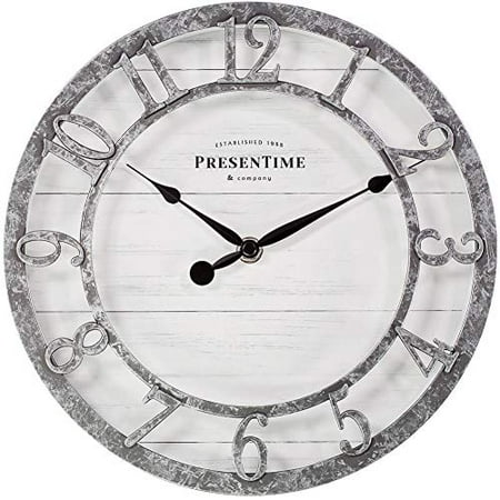 PresenTime & Co 10 Farmhouse Series Wall Clock, Quartz Movement, Shiplap Style, Raised 3D Arabic Numeral, Galvanized Finish