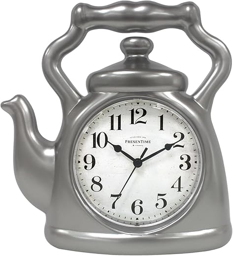 Presentime & Co. 11" Teapot Clock, Silent Non Ticking, Modern Farmhouse Style, Wall & Mantel 2 in 1 Clock, Desk & Shelf Clock, Steel Silver Finish (Wall Deocration/Home Decoration/Tabletop Décor)