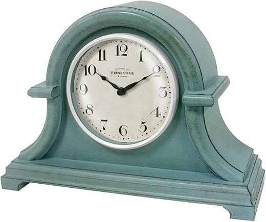 Presentime & Co. Mantel Clock Vintage Farmhouse Series, Napoleon Desk & Shelf Clock, 13 x 10 inch, Domed Lens, Quartz Movement, ABS Plastic Case, Aged Teal Finish (Home/Tabletop Decoration)