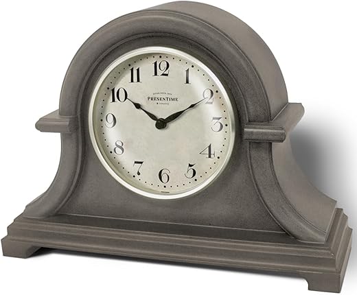 Presentime & Co. Mantel Clock Vintage Farmhouse Series, Napoleon Desk & Shelf Clock, 13 x 10 inch, Domed Lens, Quartz Movement, ABS Plastic Case, Gray Oak Finish (Home/Tabletop Decoration)