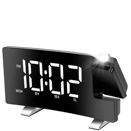 Projection Alarm Clock With Radio Function 7.7In Curved-Screen LED Digital Alarm Clock W/ Dual Alarms 4 Dimmer 12/24 Hour