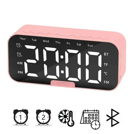 PULLIMORE Multifunction Digital Smart Alarm Clock, Wireless Bluetooth Speaker with Stereo Subwoofer Support Hands-Free Calling (Pink)