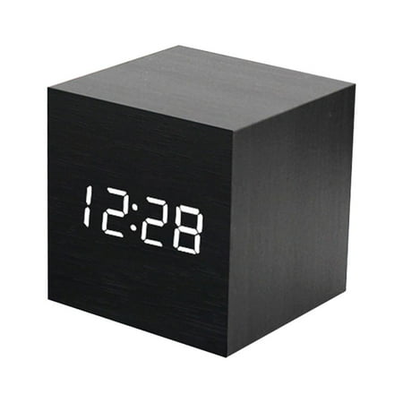 Pyramidti Creative USB Charging Square Multifunction LED Wood Clock Electronic Mini Alarm Clock without Battery (Black White Light)