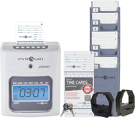 Pyramid Time Systems - Model 2500 Auto Aligning and Top Loading Time Clock [2500K1] Bundle Includes: Time Clock, 100 Time Cards, 2 Ink Ribbon cartridges, one 10 slot time card rack and 2 Security Keys