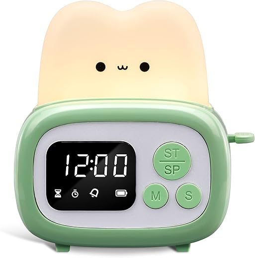 QANYI Small Timer Clock Toaster Lamp, Cute Night Light with Time Management Tool and Table Clock Alarm Digital Timer for Kids, ABS+PC Kids Lamp Birthday Gifts for Teen Toddler Baby Girls Boys