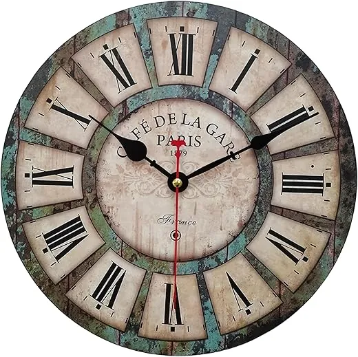 Qukueoy 12 Inch Silent Round Wooden Wall Clock Rustic Country Style, Battery Operated, Vintage Farmhouse Wall Decor for Living Room, Kitchen, Bedroom, Office