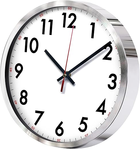 QWANPET Stainless Steel Wall Clock,12" Modern Quartz Wall Clocks,Quality Non-Ticking Silent Wall Clock for Home Living Room Bedroom Kitchen School,Battery Operated,Silver