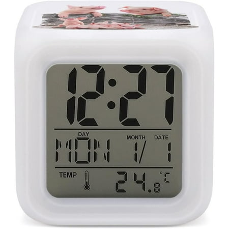 Real Pig Piglets Retro Wood Fence Mini Digital Alarm Clocks, Led Night Glowing Cube[3220]