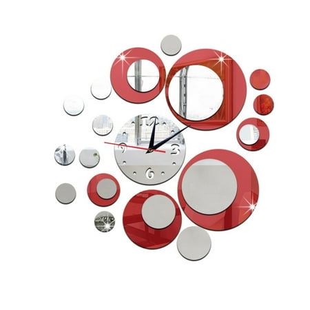 Red and Silver Circle 3D Crystal Mirror Wall Clock Acrylic Mirror Wall Sticker Clock Home Decor