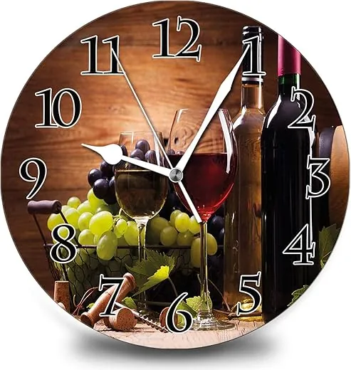 Red Wine Grape Wood Grain Background Rustic Home 14 Inch Silent Vintage Design Wooden Round Wall Clock Arabic Numerals Design Non Ticking Retro Clocks Home Decor Desk Clock