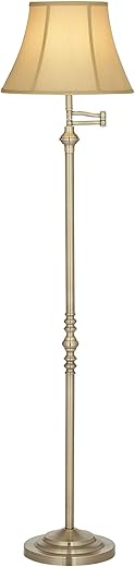 Regency Hill Montebello Traditional Adjustable Swing Arm Floor Lamp Standing 60 Tall Antique Brass Metal Column Golden Tan Bell Shade for Living Room Reading House Family Bedroom Home