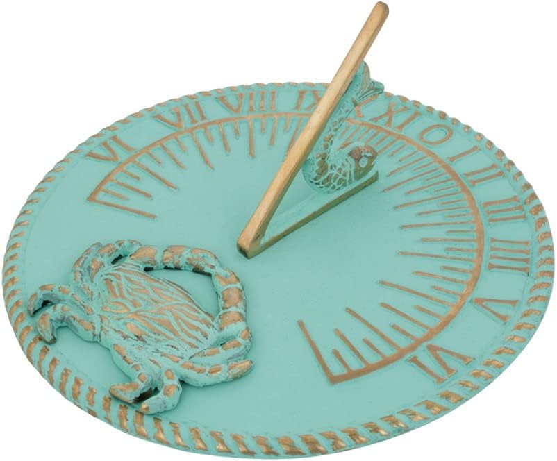 Renovators Supply Manufacturing Sundial Verdigris Finish Brass 10" Dia Vintage Sun Dial Garden or Lawn Clock Beach Theme Fish Dial and Crab Plaque Patio Outdoor Compass Sundials for Yards