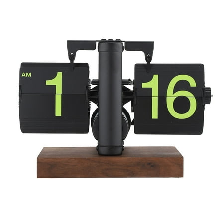 Retro Mechanical Flip Clock, 12h Single Sided, Large Numbers, Automatic, Frosted Black Frame, Wood Base, Perfect for Living Room Decor, Unique Green Page Design