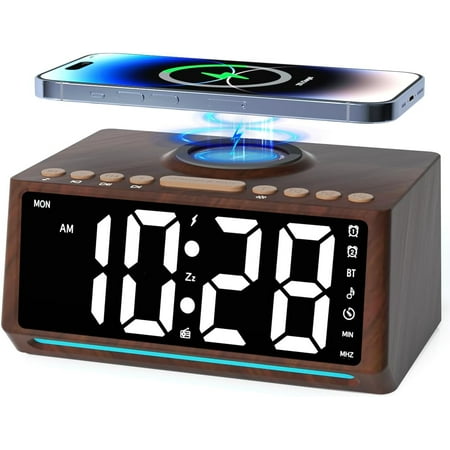 Retro Wooden Alarm Clock Radio for Bedroom with Large Numbers, Bluetooth Speaker, Wireless Charger Station for iPhone / Samsung, Dimmer, 7 Lights, 10 Natural Sounds, Bedside FM Radio Clock,