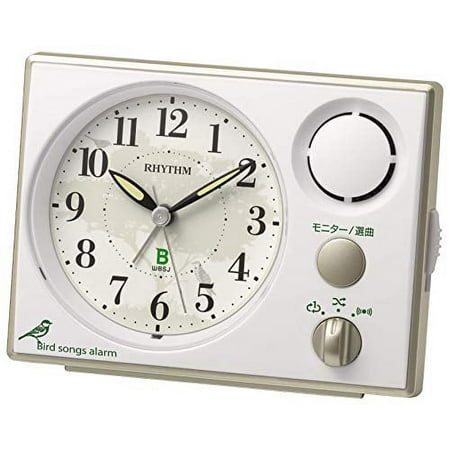 Rhythm Alarm Clock Jointly Developed by the Wild Bird Society of Japan [Bird Voice Alarm Sounds 16+1 Types] Continuous Second Hand White 8RM401SR03 9.9x13.4x6.7cm