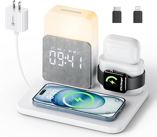 RichBird【2024 Newest】 Wireless Charging Station, Alarm Clock with Wireless Charger, Nightstand Lamp Charging Station for iPhone 16 15 14 13 12 Pro Max, Apple Watch, AirPods,0-100% Dimmer