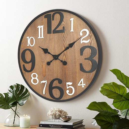 RiteSune 24 Inch Wood Wall Clock, Modern Large Numerals Battery Operated Quartz Movement, Black Metal Frame Decor Clock for Living Room Office Kitchen Bedroom, Entryway, Home, Office