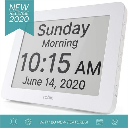 Robin Clock 2024 with Day and Date for Elderly, Clocks for Seniors, Dementia Clock, Digital Calendar Clock Elderly, Bedside Clocks Seniors, Alzheimers Products, Dementia Clocks Extra Large, White