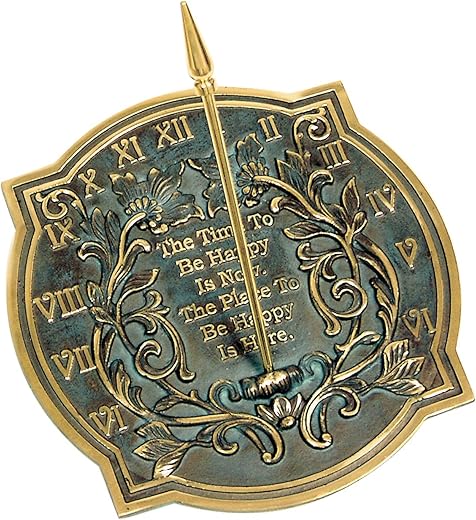 ROME 2303 Happiness Sundial, Solid Brass with Verdigris Highlights, 10-Inch Diameter