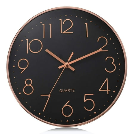 Rose Gold 3D Numerals Easy to Read Black Wall Clock Classic Elegant Modern Silent Quartz Clocks for Living Room Bedroom Office 12