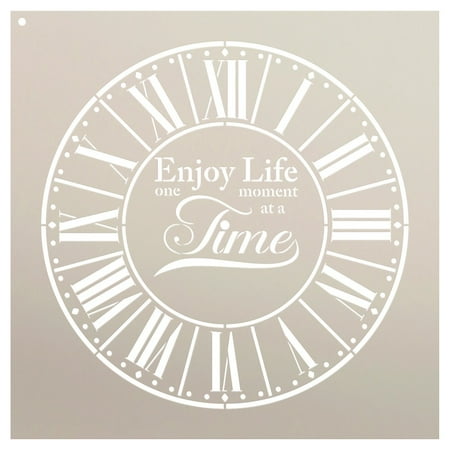 Round Clock Stencil - Parisian Roman Numerals - Enjoy Life One Moment at a Time Letters - DIY Paint Wood Clock Home Decor - Select Size 14