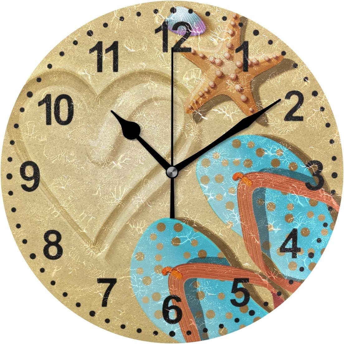 Round Wall Clock Flip Flops and Shells Silent Non Ticking Home Decorative Wall Clock for Kitchen Office School