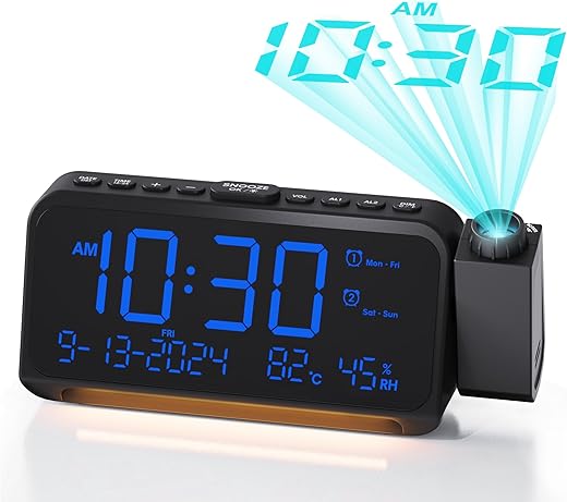 Roxicosly Projection Alarm Clock for Bedroom | Projects Time on Wall Ceiling | Ultra Clear Large Numbers for Poor Eyesight | No Blurry Image, Easy to Read Dimmable Display | Rotatable Projector