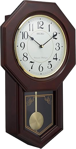 Seiko Clock RQ325B Analog Wall Clock, Chime & Strike, Decorative Pendulum, Octagonal Tail, Wooden Frame, Dark Brown, Wood Base