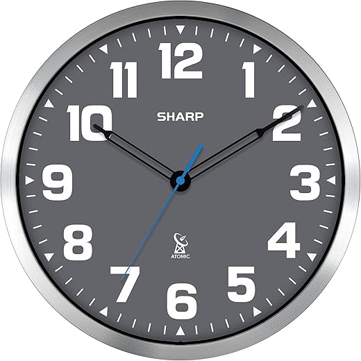 Sharp Atomic Analog Wall Clock - 12 Grey Face, Silver Brushed Finish - Sets Automatically- Battery Operated - Easy to Read - Easy to Use – Modern Design and Style