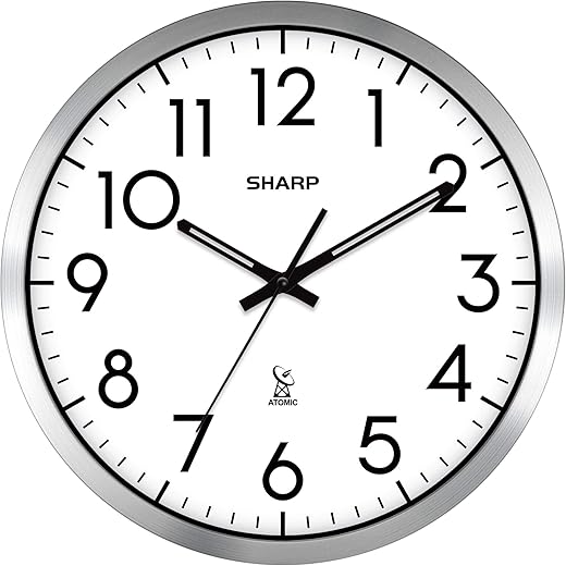 Sharp Atomic Analog Wall Clock - 12 Silver Brushed Finish - Sets Automatically- Battery Operated - Easy to Read - Easy to Use– Modern Design and Style