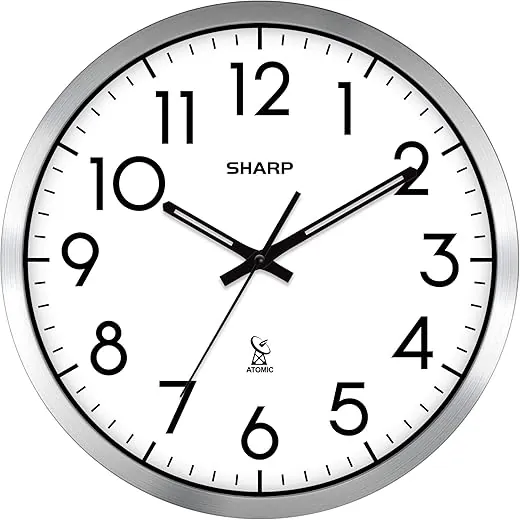 Sharp Atomic Analog Wall Clock - 12" Silver Brushed Finish - Sets Automatically- Battery Operated - Easy to Read - Easy to Use– Modern Design and Style