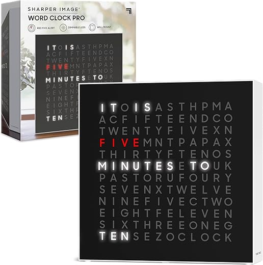 Sharper Image® LED Word Clock Pro with Dimmable Light, Modern Design, & Red 5-Minute Alerts