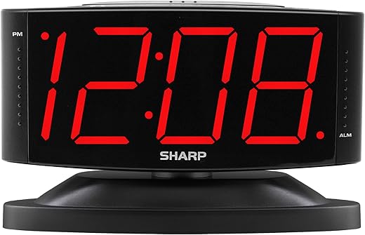 Sharp Home LED Digital Alarm Clock – Swivel Base - Outlet Powered, Simple Operation, Alarm, Snooze, Brightness Dimmer, Big Green Digit Display, (Midnight Black -Red LED)